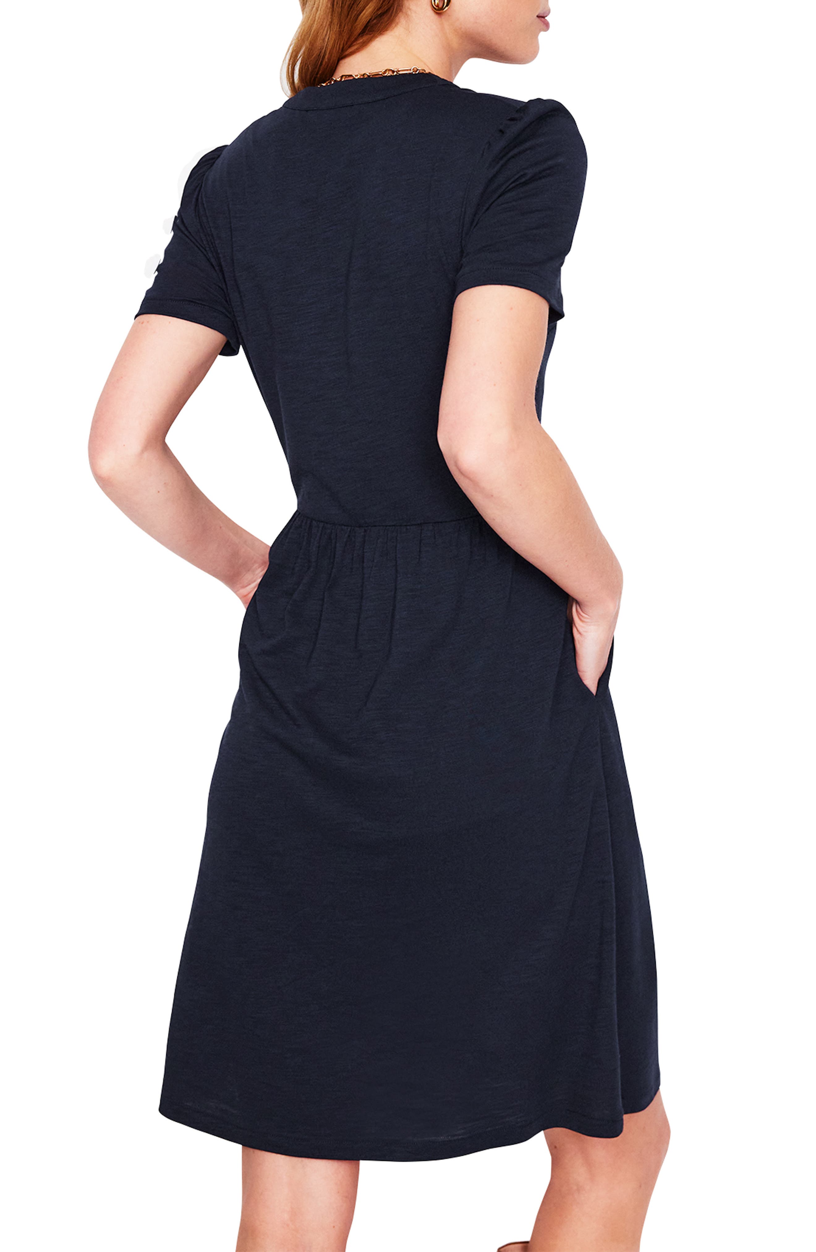 picot trimmed jersey dress Boden Women's Naomi Short Sleeve Dress in Blue
