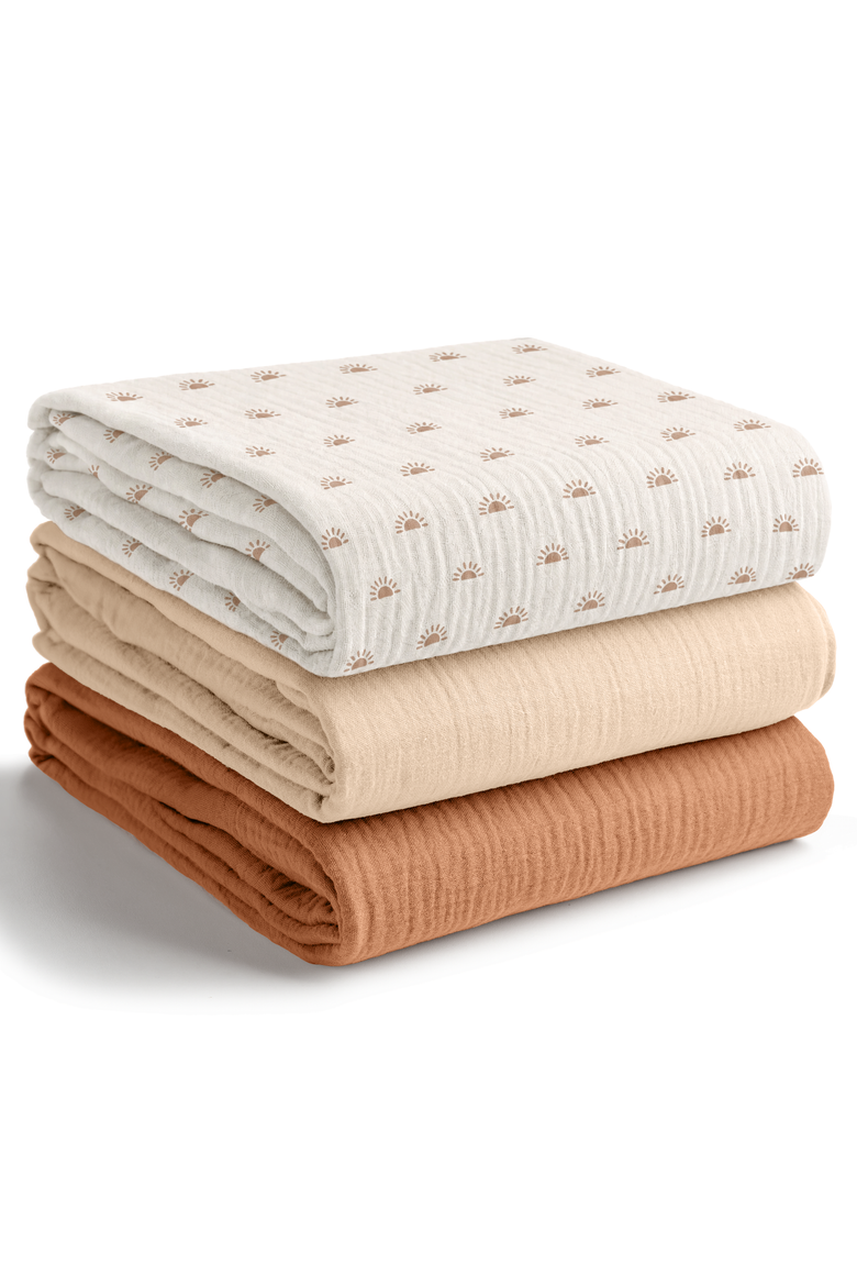 100% Cotton Muslin Swaddle Blankets Pack of 3, Main, color, Sun Pattern, Caramel, Cream