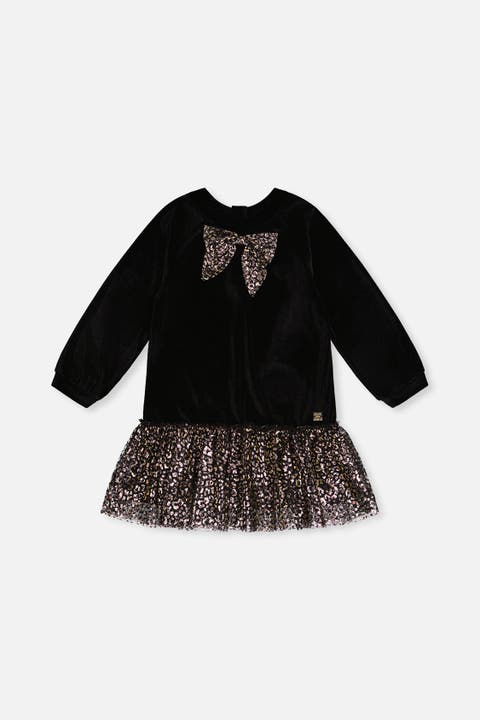 Bi-Material Raglan Sleeve Metallic Bow Dress