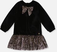 Deux par Deux Bi-Material Raglan Sleeve Metallic Bow Dress