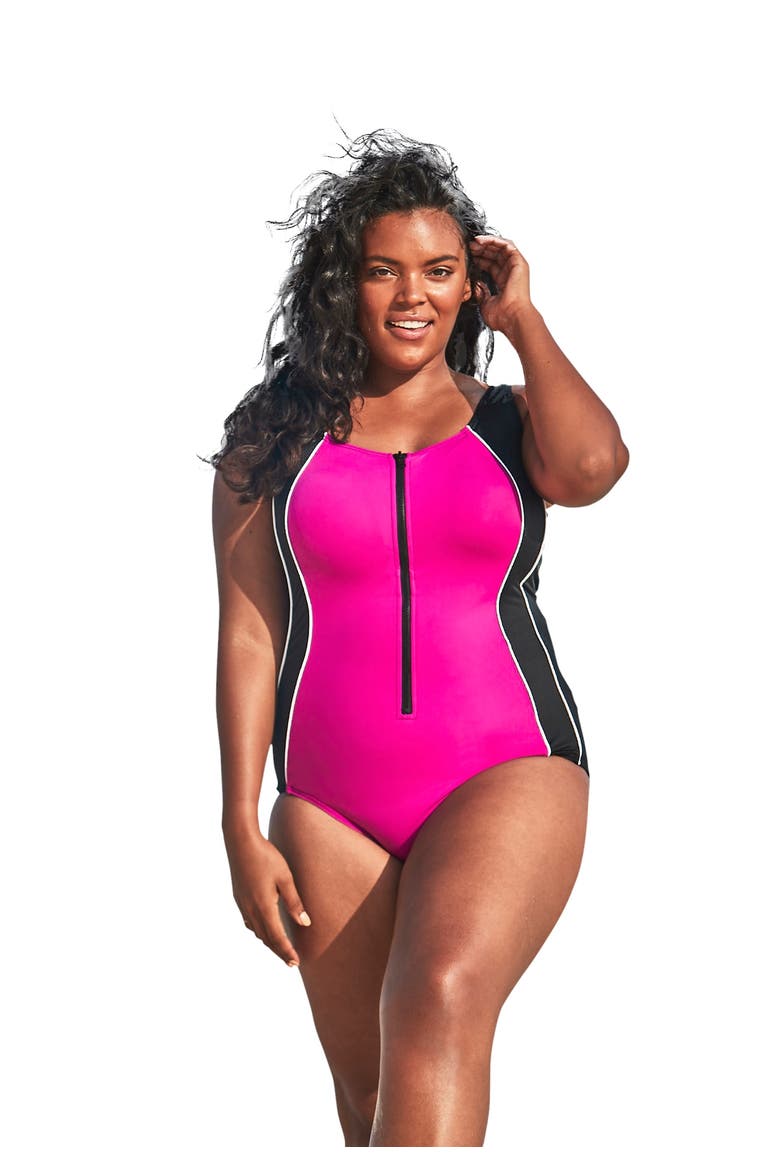 Zip Front One Piece With Tummy Control, Main, color, FUCHSIA WHITE BLACK