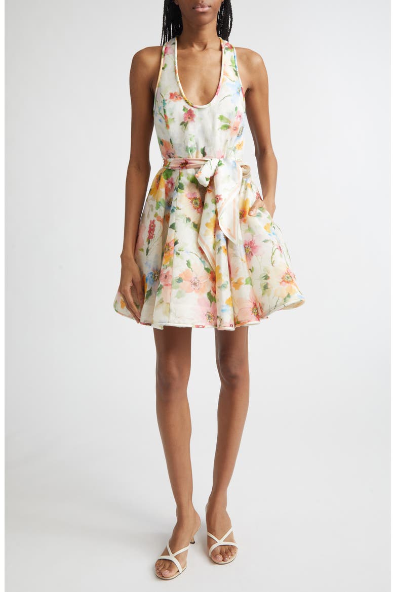 Alchemy Racerback Linen & Silk Skater Minidress, Main, color, NEON POPPY