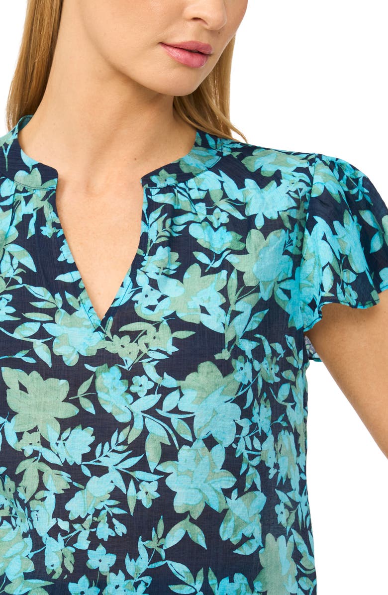 CeCe Floral Flutter Sleeve Top, Alternate, color, Classic Navy