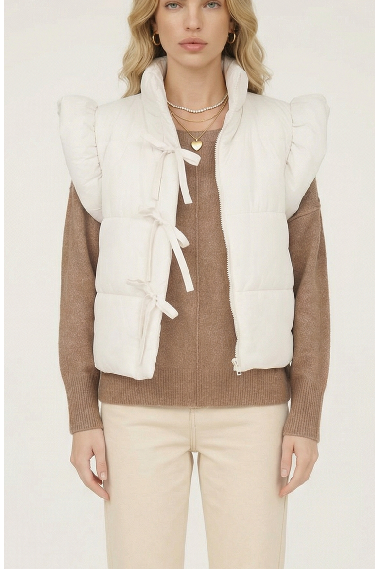 Ruffle Shoulder Puffer Vest with Front Tie Closures and Stand Collar, Main, color, White