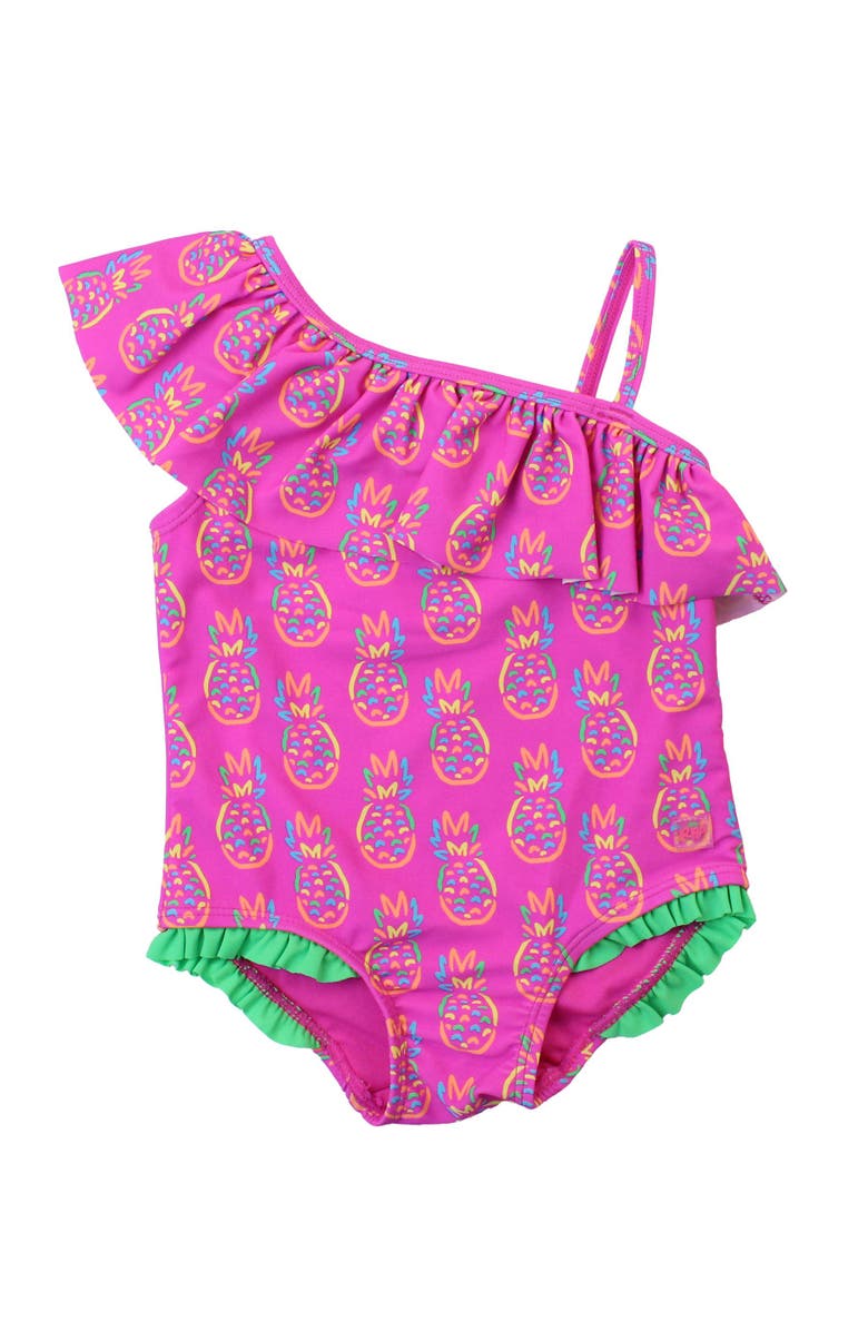 RuffleButts Girls UPF50+ Sun Protection One Shoulder Ruffle One Piece, Main, color, Neon Violet Pineapples