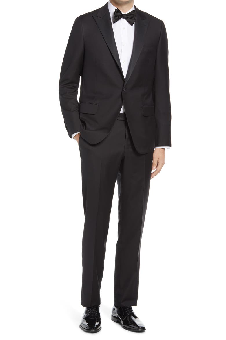 Infinity Classic Fit Peak Lapel Wool Tuxedo, Main, color, BLACK