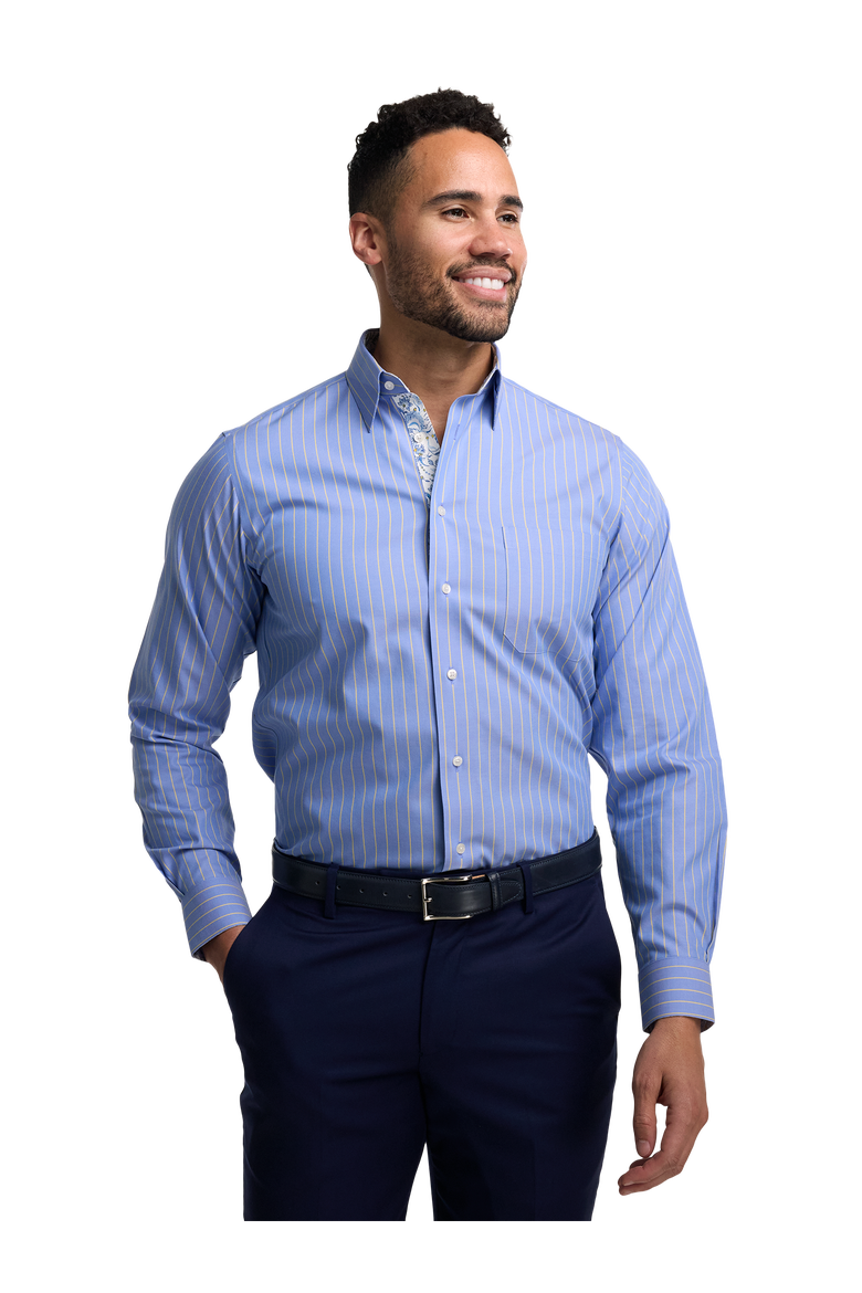 Cotton Point Collar Pinpoint Slim Contrast Trim Button Cuff Long Sleeve Shirt, Alternate, color, Blue/Yellow