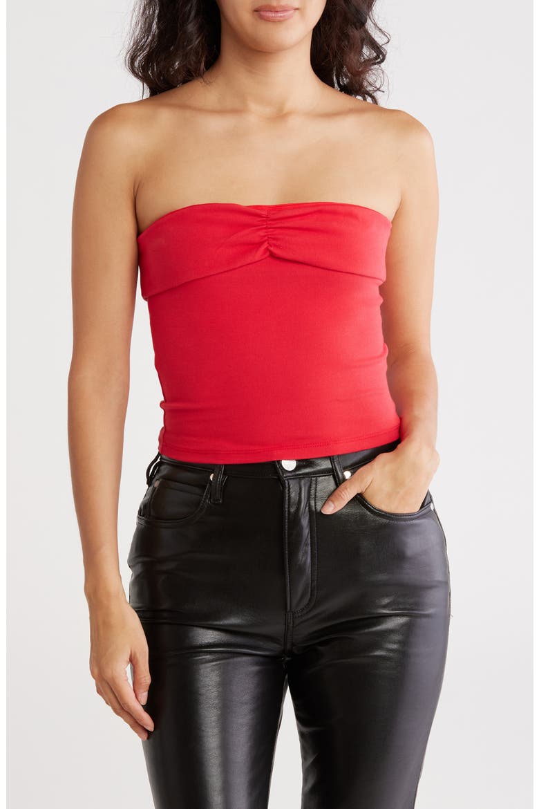 Foldover Ruched Crop Tube Top, Main, color, TRUE RED