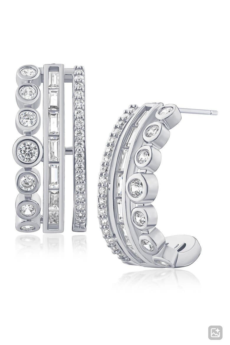 Triple Row Cubic Zirconia Hoop Earrings, Main, color, RHODIUM PLATED