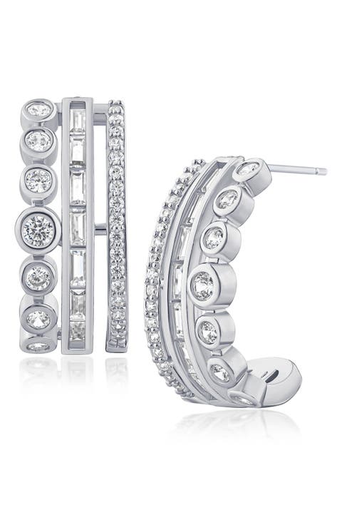 Triple Row Cubic Zirconia Hoop Earrings