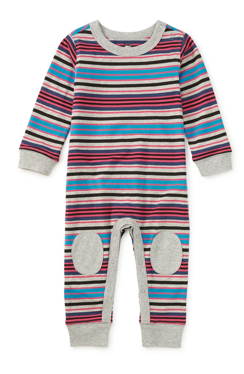 Tea Collection Stripe Knee Patch Baby Romper, Main, color, Med Heather Grey