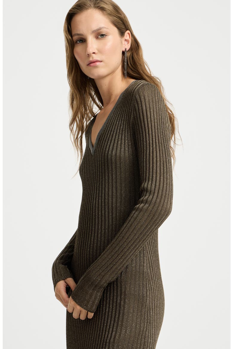 Sparkling rib knit dress with precious collar, Alternate, color, Coffee