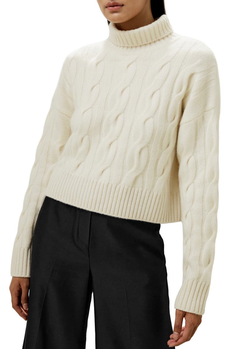 Women's Cable Knit Cashmere Turtleneck Sweater, Main, color, White
