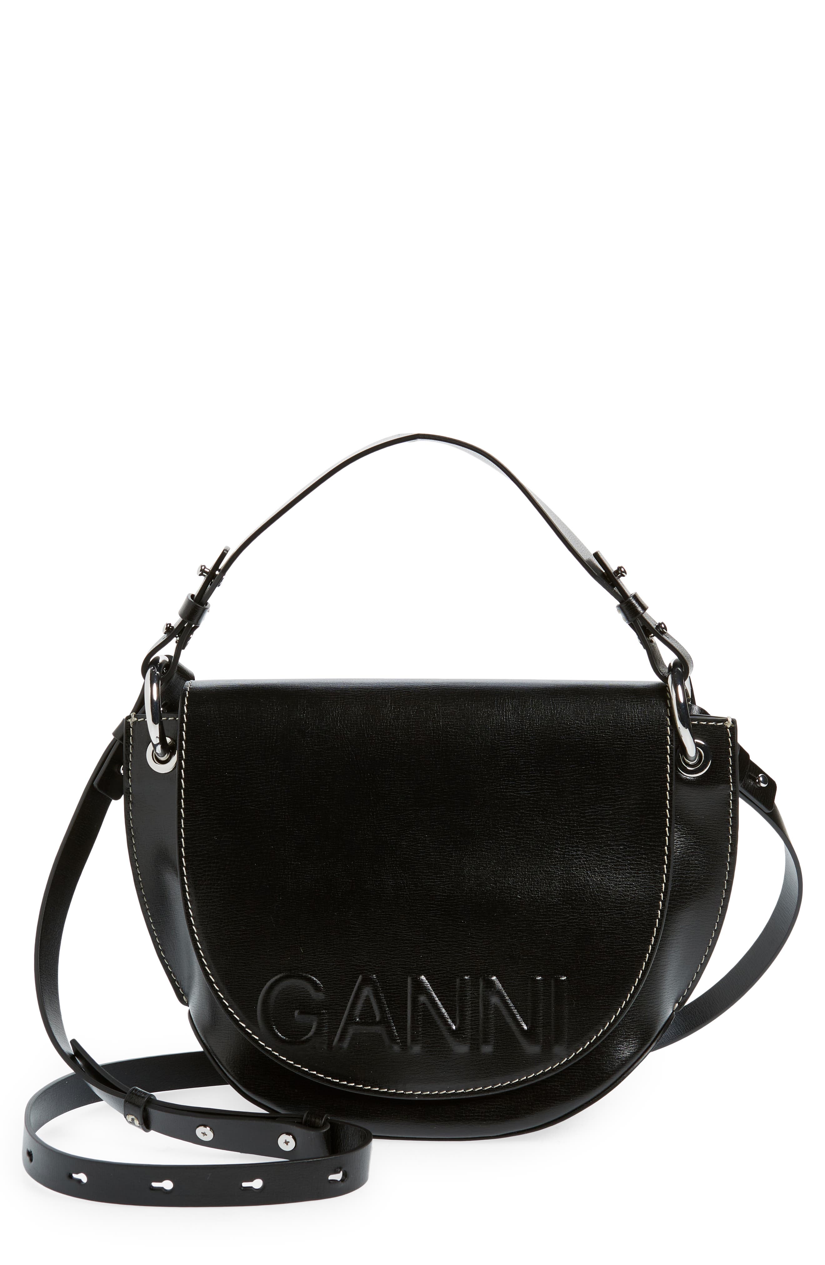 Ganni Banner Logo Recycled Leather Crossbody Bag, Main, color, 