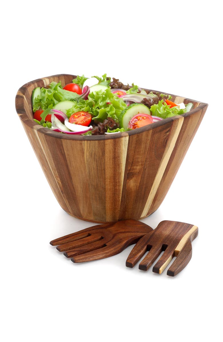 Megachef Large Acacia Wood Salad Bowl with Serving Utensils, Main, color, Brown