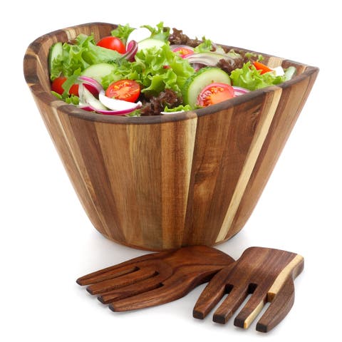 Large Acacia Wood Salad Bowl with Serving Utensils