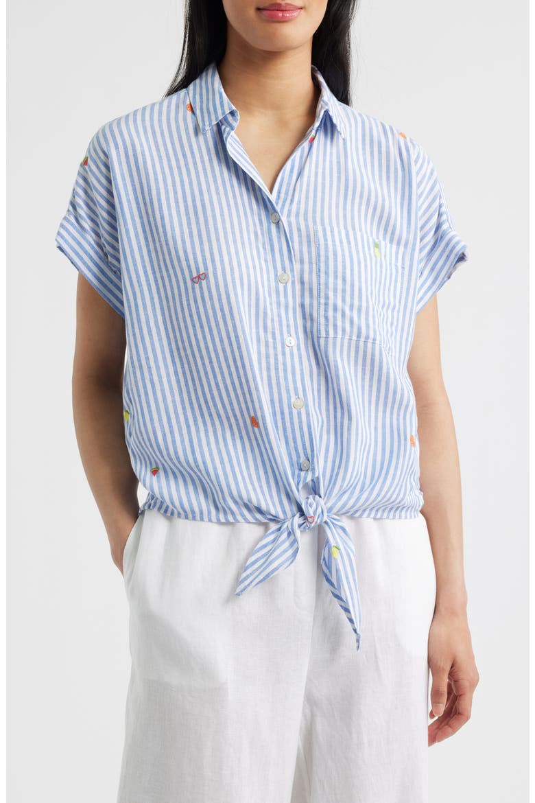 Rosie Embroidered Tie Front Short Sleeve Button-Up Shirt, Main, color, RIO FESTIVAL