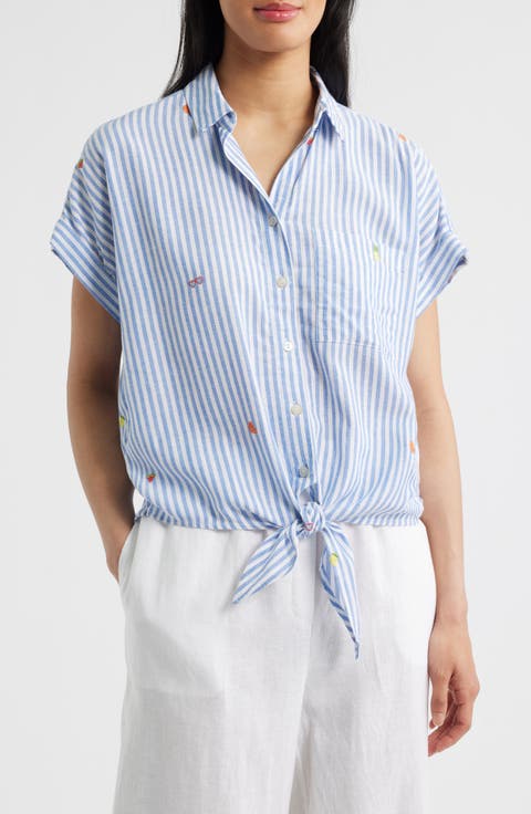 Rosie Embroidered Tie Front Short Sleeve Button-Up Shirt