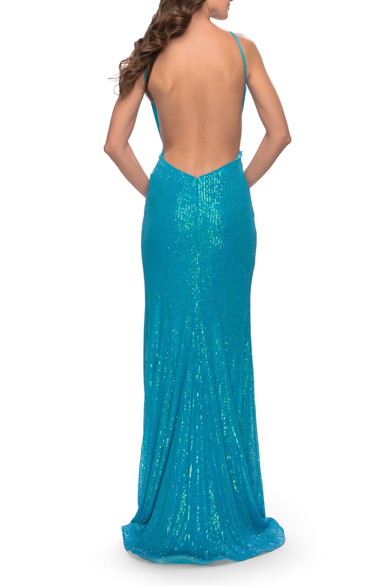 High Neck Long Sequin Gown with Open Back, Alternate, color, Aqua