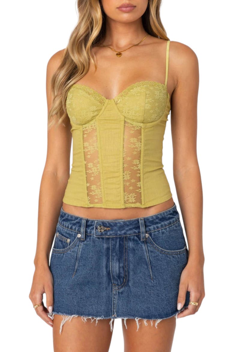 Avena Lace Panel Linen & Cotton Corset Top, Main, color, GREEN