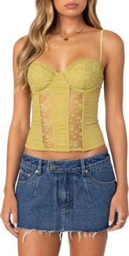 EDIKTED Avena Lace Panel Linen & Cotton Corset Top