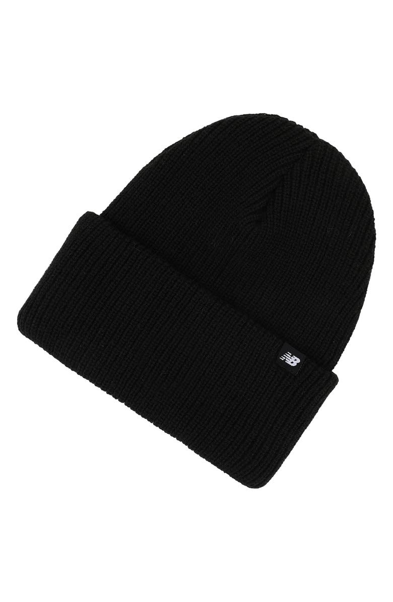 New Balance Patch Fisherman Knit Beanie, Main, color, Black