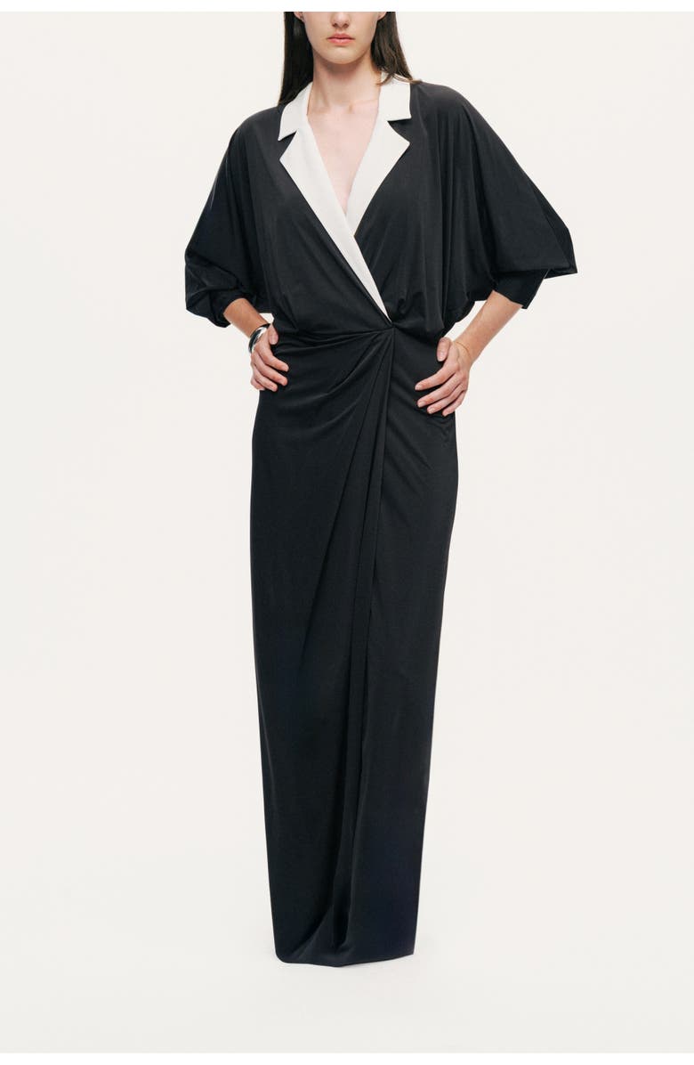 Nocturne Contrast Lapel Draped Maxi Dress, Main, color, Black
