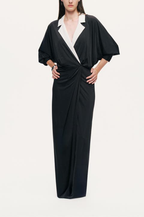 Contrast Lapel Draped Maxi Dress