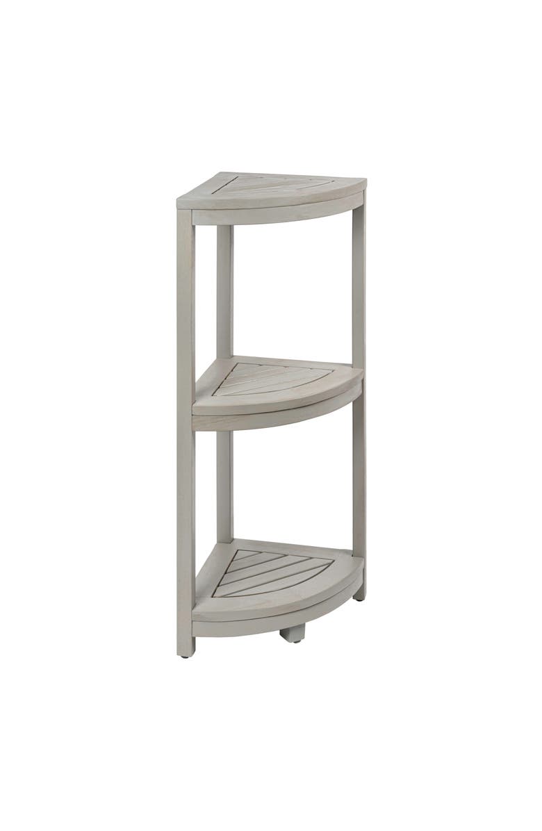 HAPPIMESS Sela 33" Classic Minimalist 3-Tier Acacia Wood Freestanding Bathroom Corner Shelf, Main, color, Gray