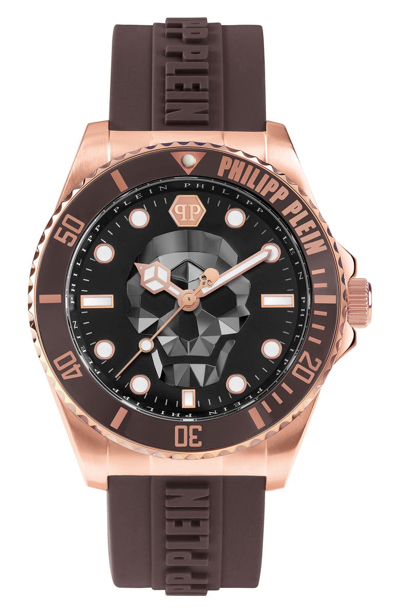 PHILIPP PLEIN The $kull Diver Silicone Strap Watch, 44mm, Main, color, Rosegold