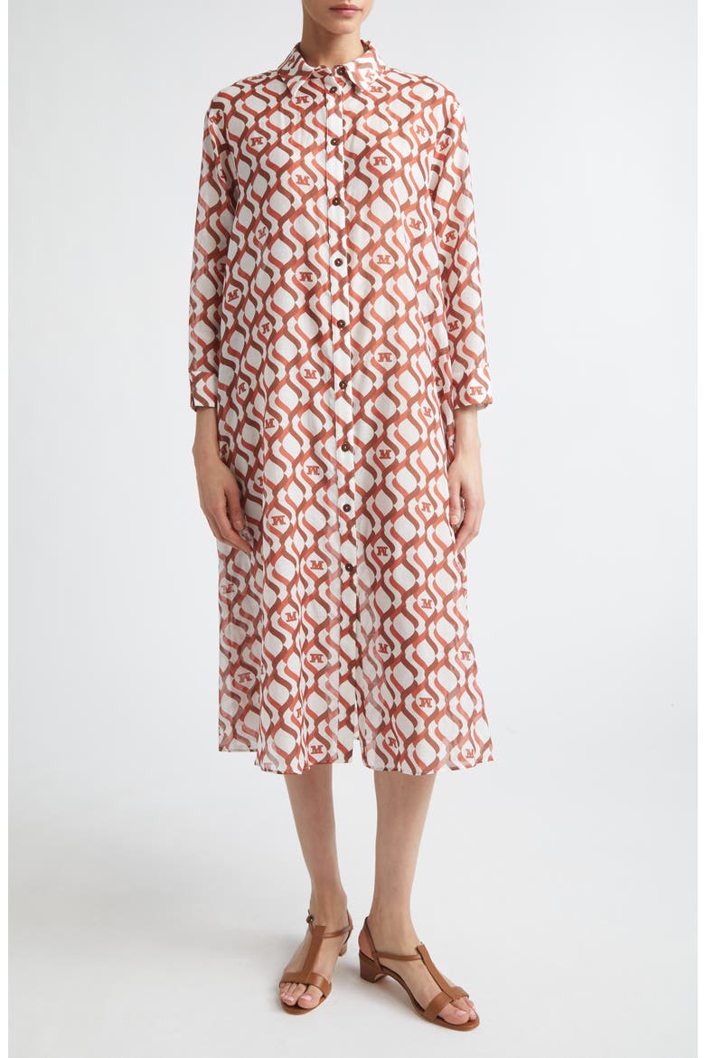 Beachwear Monogram Print Long Sleeve Cotton & Silk Voile Shirtdress, Main, color, WHITE