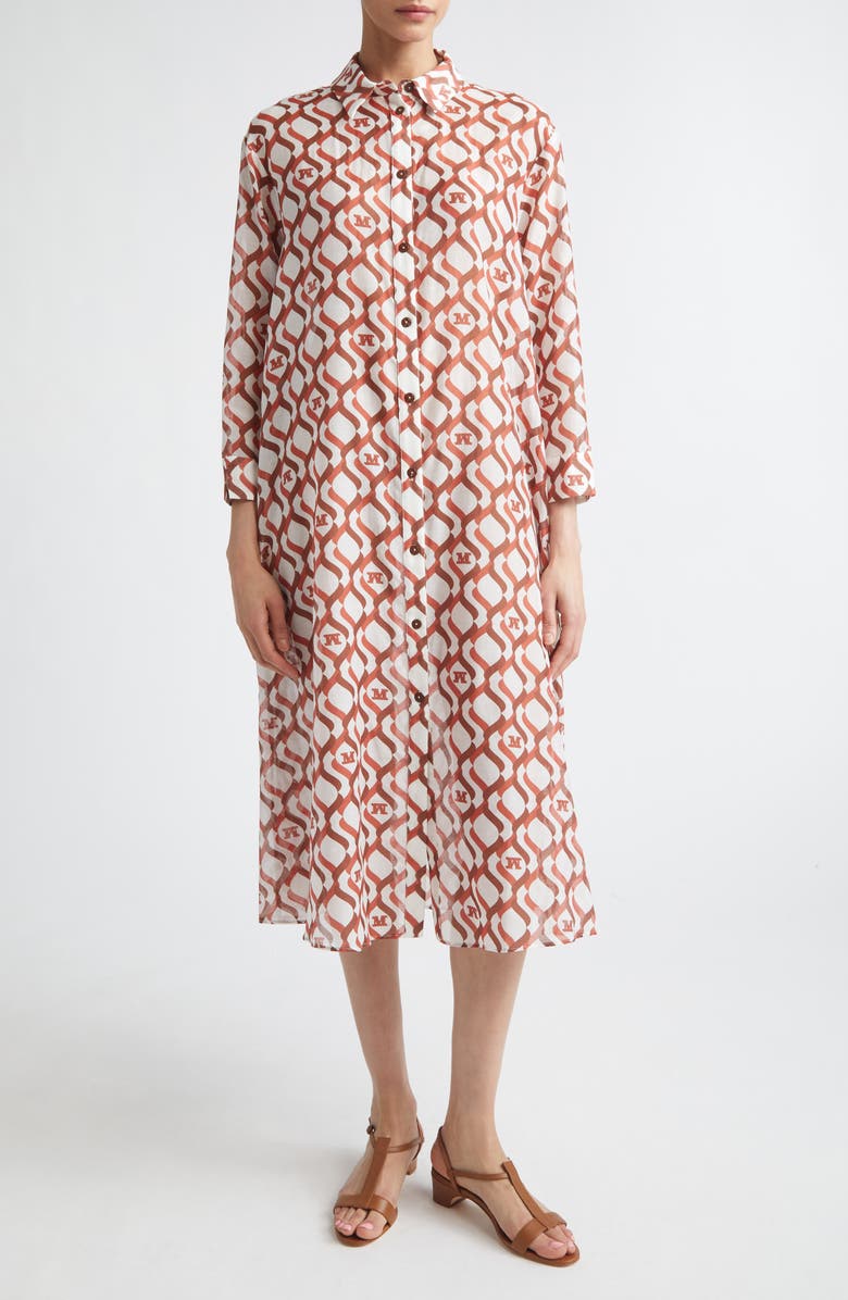 Max Mara Monogram Print Long Sleeve Cotton & Silk Voile Shirtdress, Main, color, White