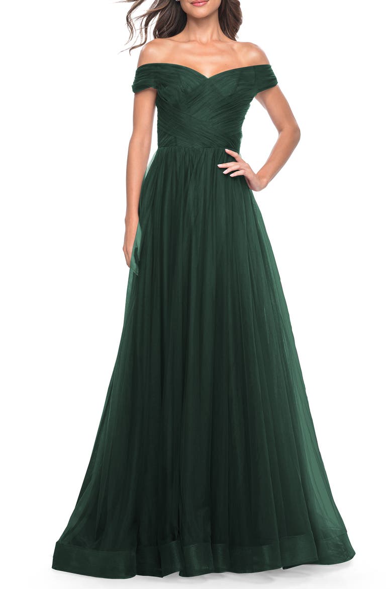 A-Line Tulle Prom Dress with Off the Shoulder Top, Alternate, color, Dark Emerald