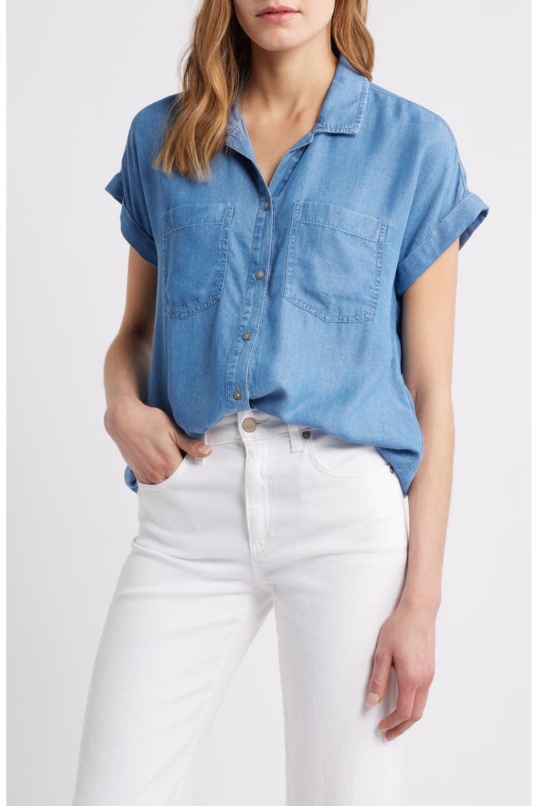 Issey Short Sleeve Chambray Shirt, Main, color, MEDIUM WASH