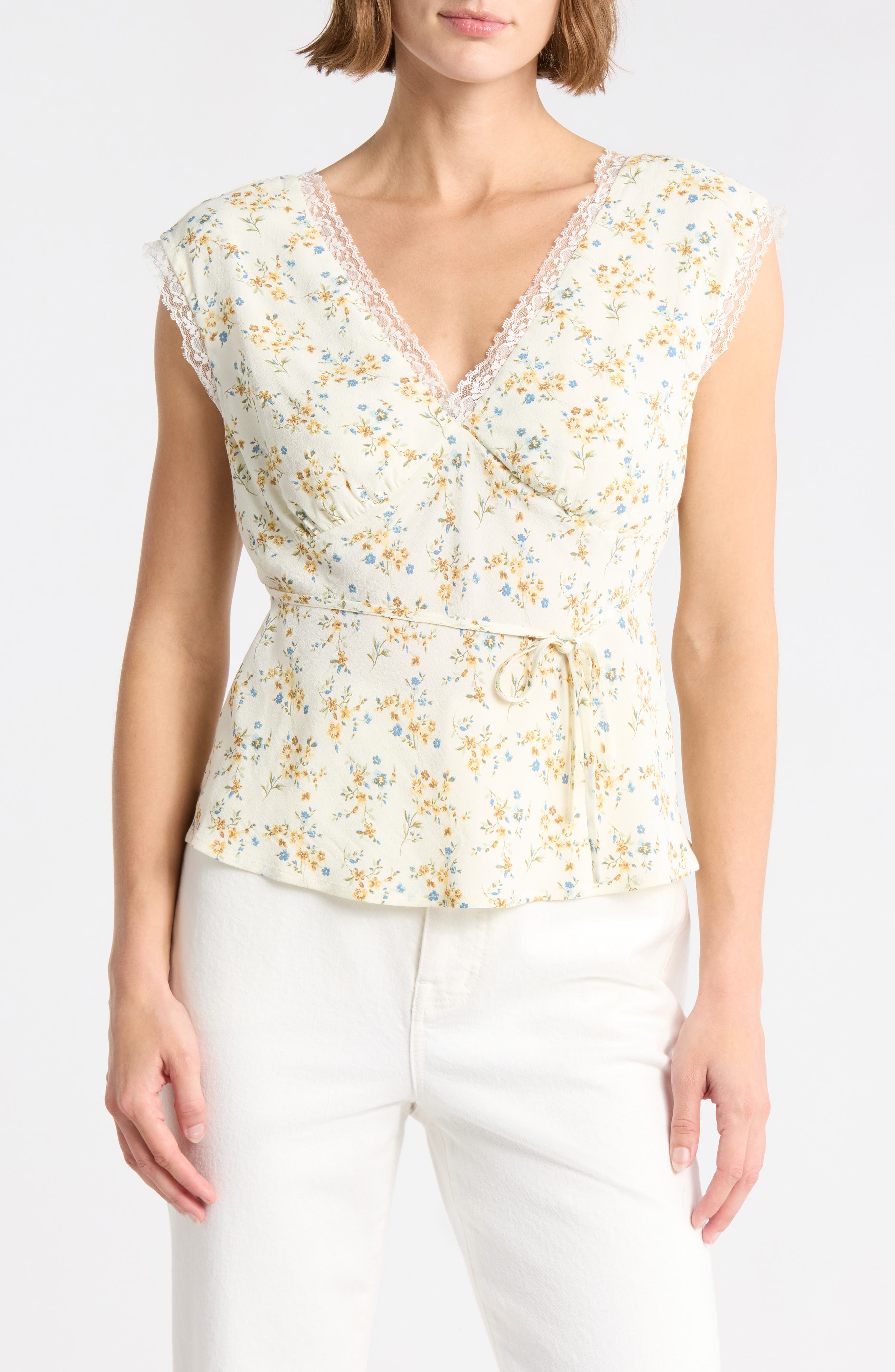Lace Trim Sleeveless Surplice Top