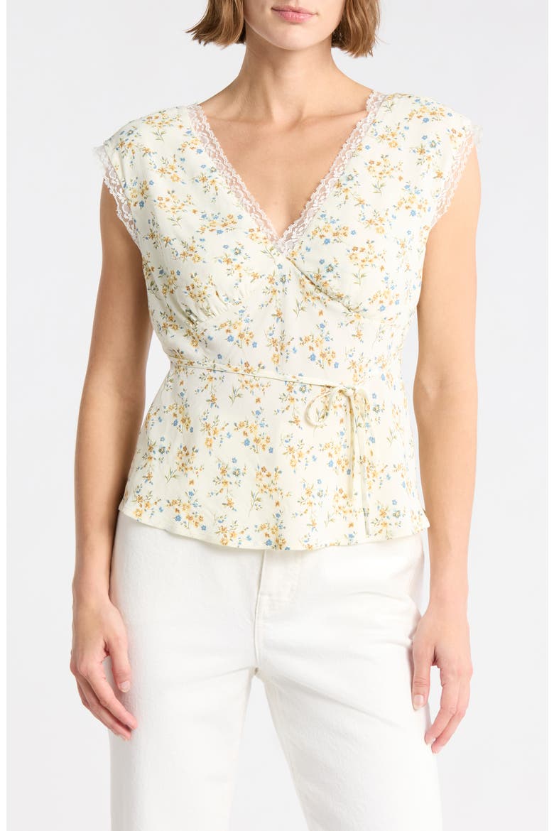 Lace Trim Sleeveless Surplice Top, Main, color, YELLOW FLORAL