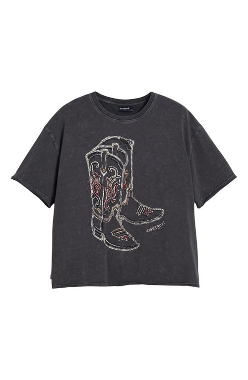 Desigual Cowboy Boot Embellished Cotton Graphic T-shirt In Dark Gray