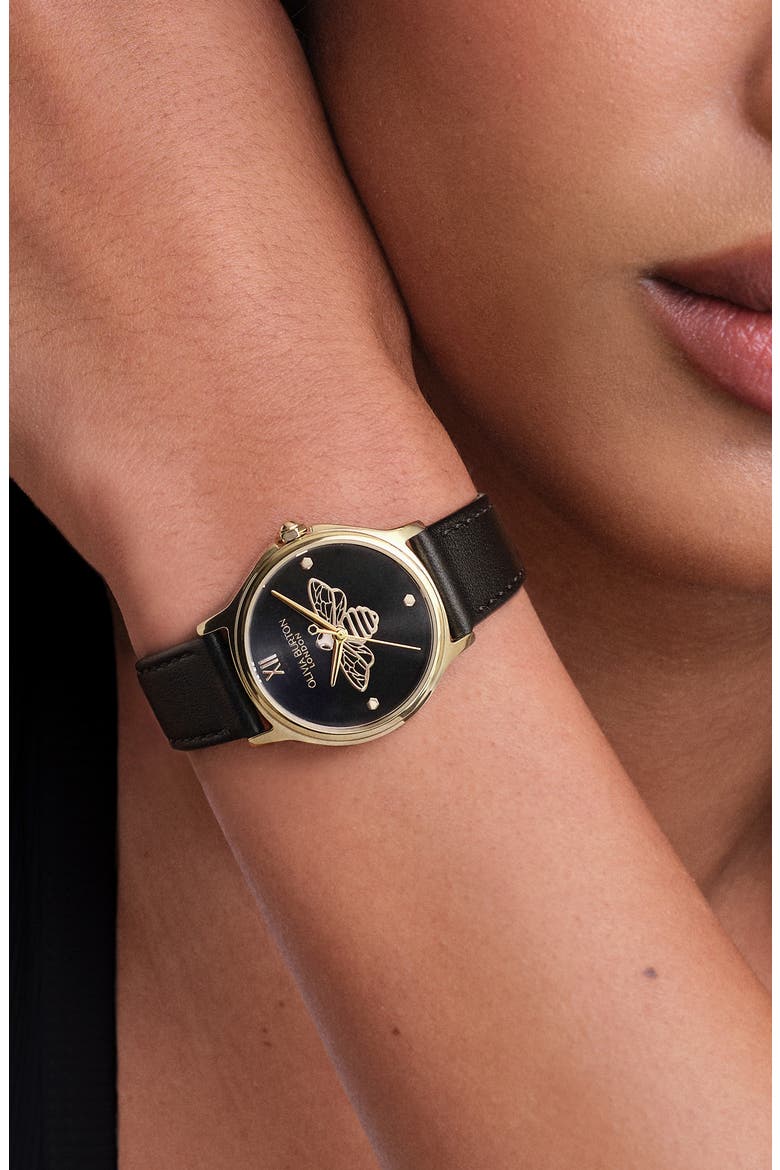 Classic Bee Leather Strap Watch, 30mm, Alternate, color, BLACK