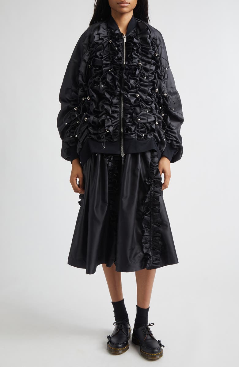 Noir Kei Ninomiya Drawcord Ruffle Off the Shoulder Satin Midi Dress, Alternate, color, Black