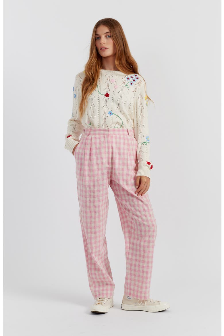 Linen Blend Gingham Pants, Main, color, Pink Gingham