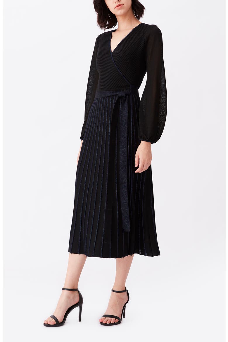 Shelley Sparkle Ribbed Long Sleeve Wrap Dress, Alternate, color, BLACK