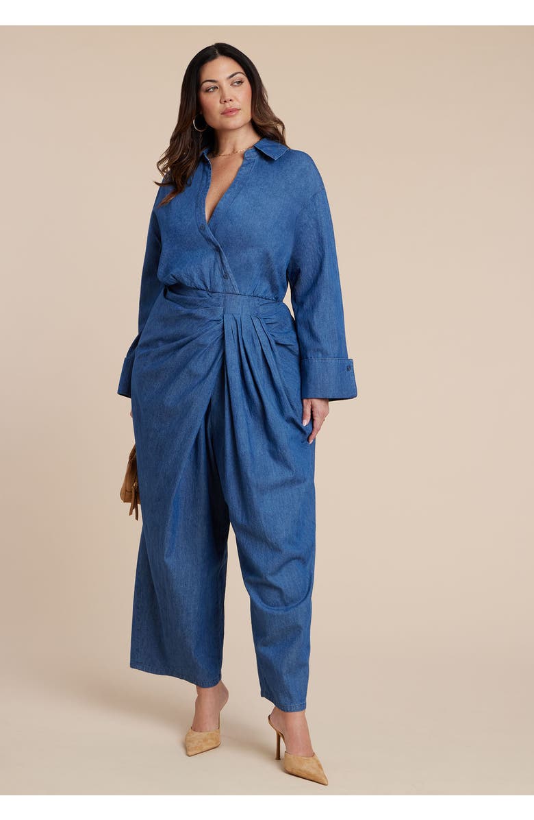 ELOQUII Chambray Pleated Jumpsuit, Alternate, color, Medium Wash