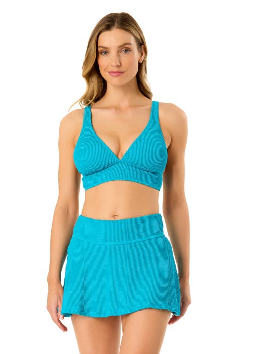 Anne Cole Live In Color Textured Shirred Soft Band Bralette Bikini Swim Top In Freshwater Turquoise