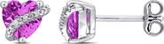 DELMAR Sterling Silver Lab Grown Pink Sapphire & Diamond Heart Stud Earrings