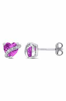 DELMAR Sterling Silver Lab Grown Pink Sapphire & Diamond Heart Stud Earrings