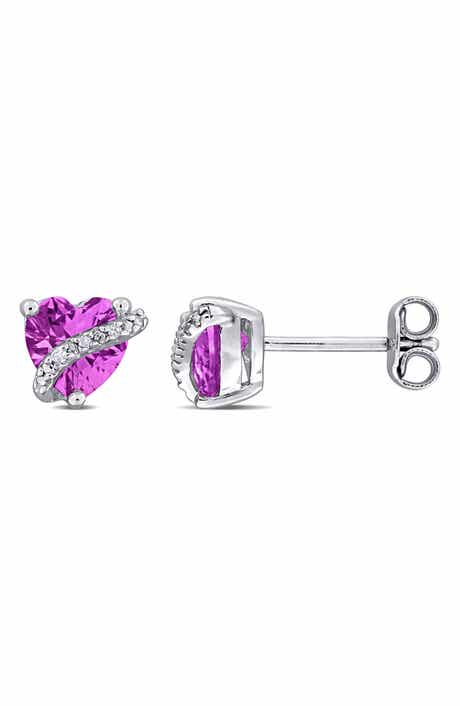 DELMAR Sterling Silver Lab Grown Pink Sapphire & Diamond Heart Stud Earrings