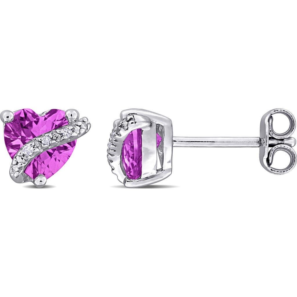 Delmar Sterling Silver Lab Grown Pink Sapphire & Diamond Heart Stud Earrings In Pink