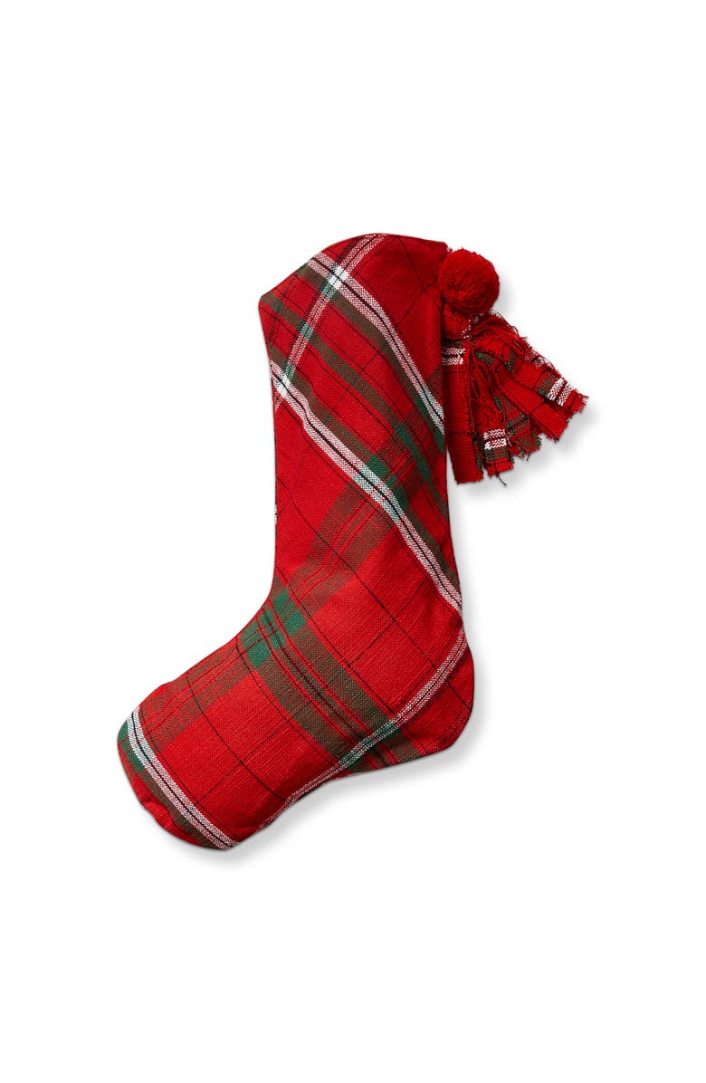 tag Sleigh Ride Plaid Holiday Stocking Red Multi Cotton Christmas, Main, color, Red