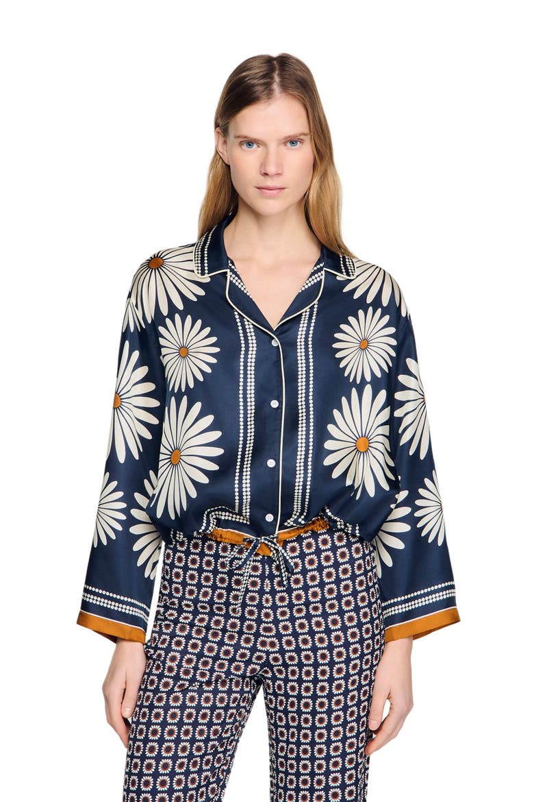 Floral print silk shirt, Main, color, Deep blue / ocher