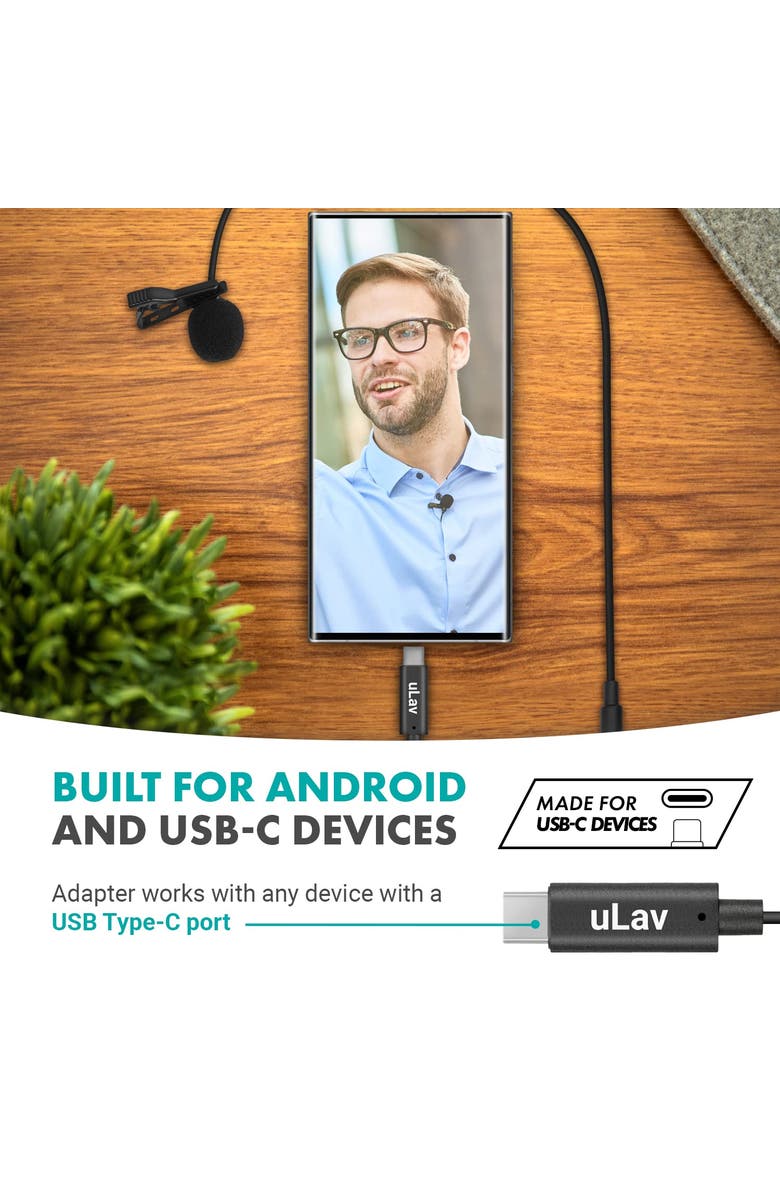 MOVO uLav - Wired Omnidirectional USB-C Lavalier Clip On Microphone, Alternate, color, Black